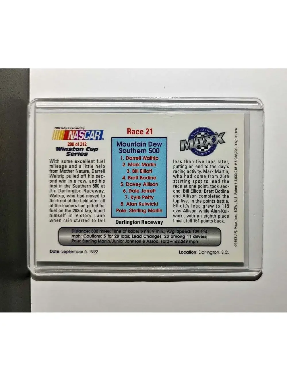 Race 21 Darlington YR 1993 Maxx Premier Plus Racing #200 NASCAR Card DARWAL Inc.
